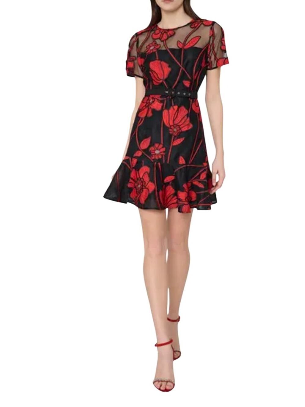 Milly Rosie Grand Fleur Embroidered
Dress Black/Red  Floral Size 6